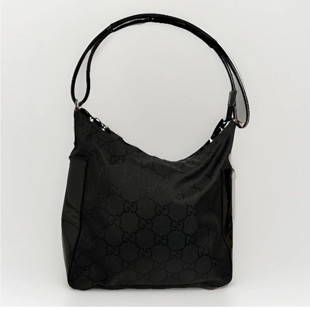 Y2K GUCCI GG Nylon Hobo Shoulder Bag, Black on Black Patent Leather 77112 3444